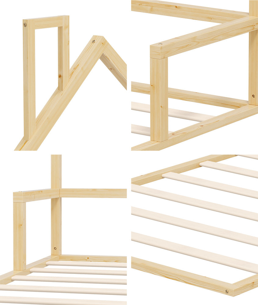 Oikiture Wooden Kids Bed Frame Floor Beds Chimney King Single Natural Oikiture