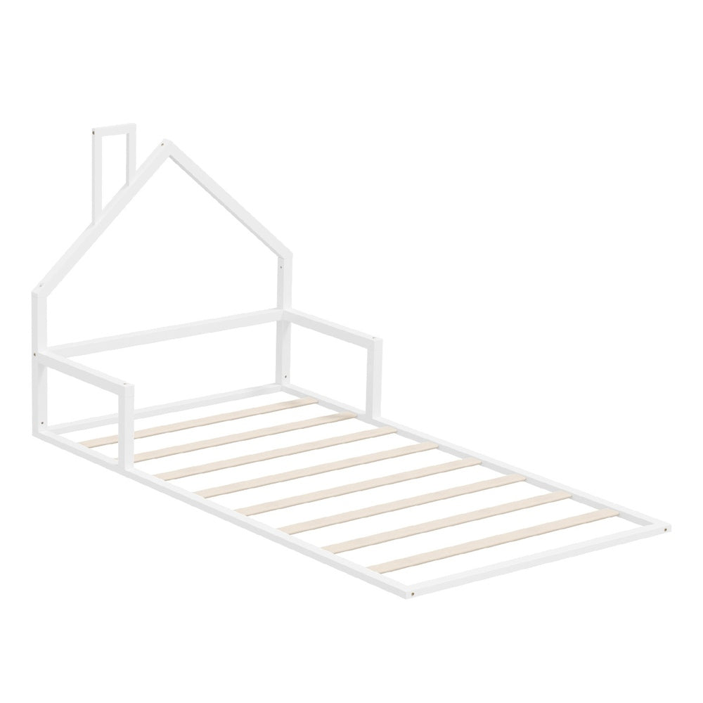 Oikiture Wooden Kids Bed Frame Floor Beds Chimney King Single White Oikiture
