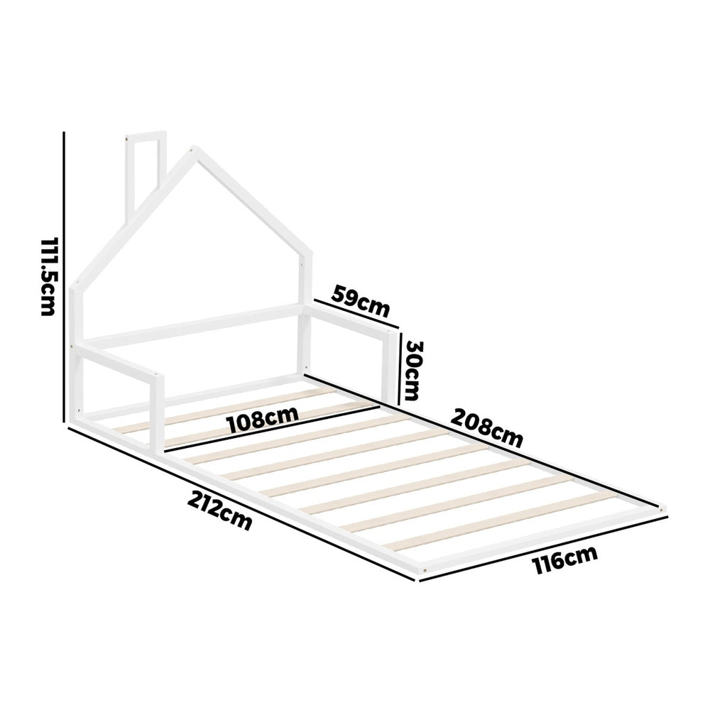 Oikiture Wooden Kids Bed Frame Floor Beds Chimney King Single White Oikiture