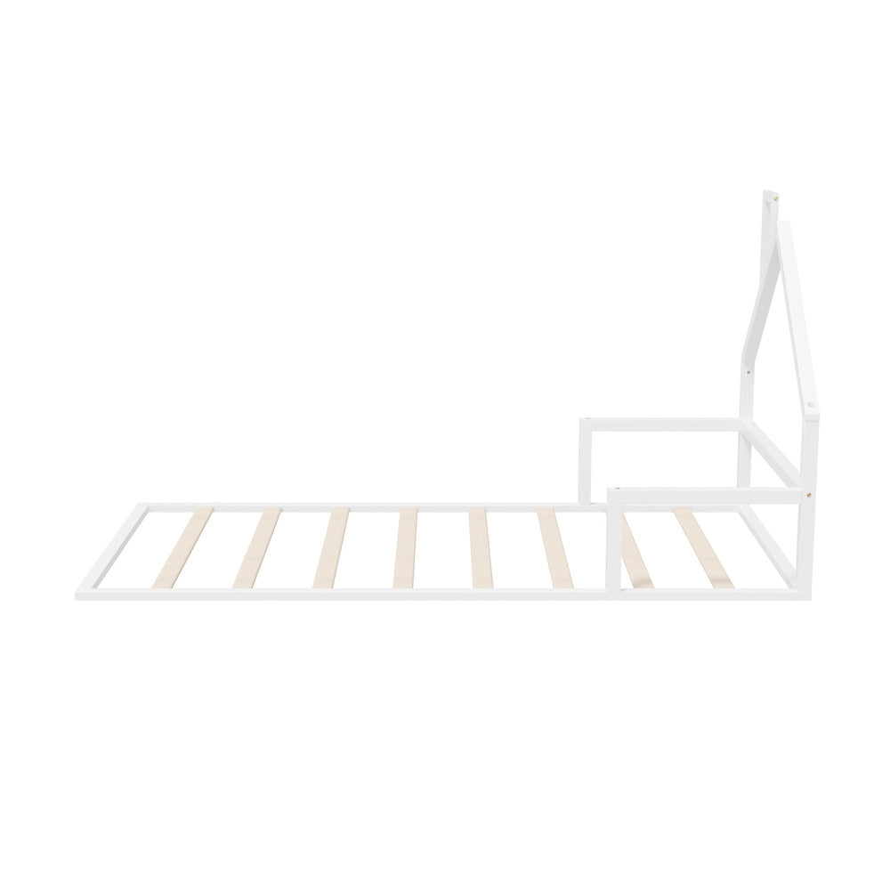 Oikiture Wooden Kids Bed Frame Floor Beds Chimney King Single White Oikiture