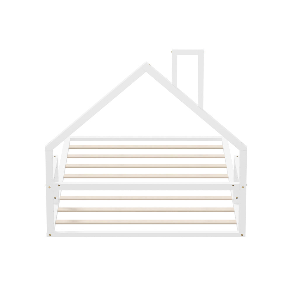 Oikiture Wooden Kids Bed Frame Floor Beds Chimney King Single White Oikiture
