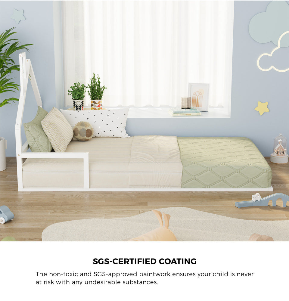 Oikiture Wooden Kids Bed Frame Floor Beds Chimney King Single White Oikiture