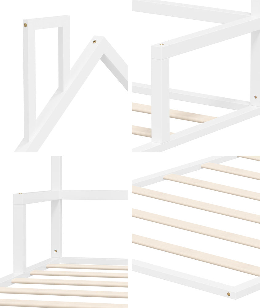 Oikiture Wooden Kids Bed Frame Floor Beds Chimney King Single White Oikiture