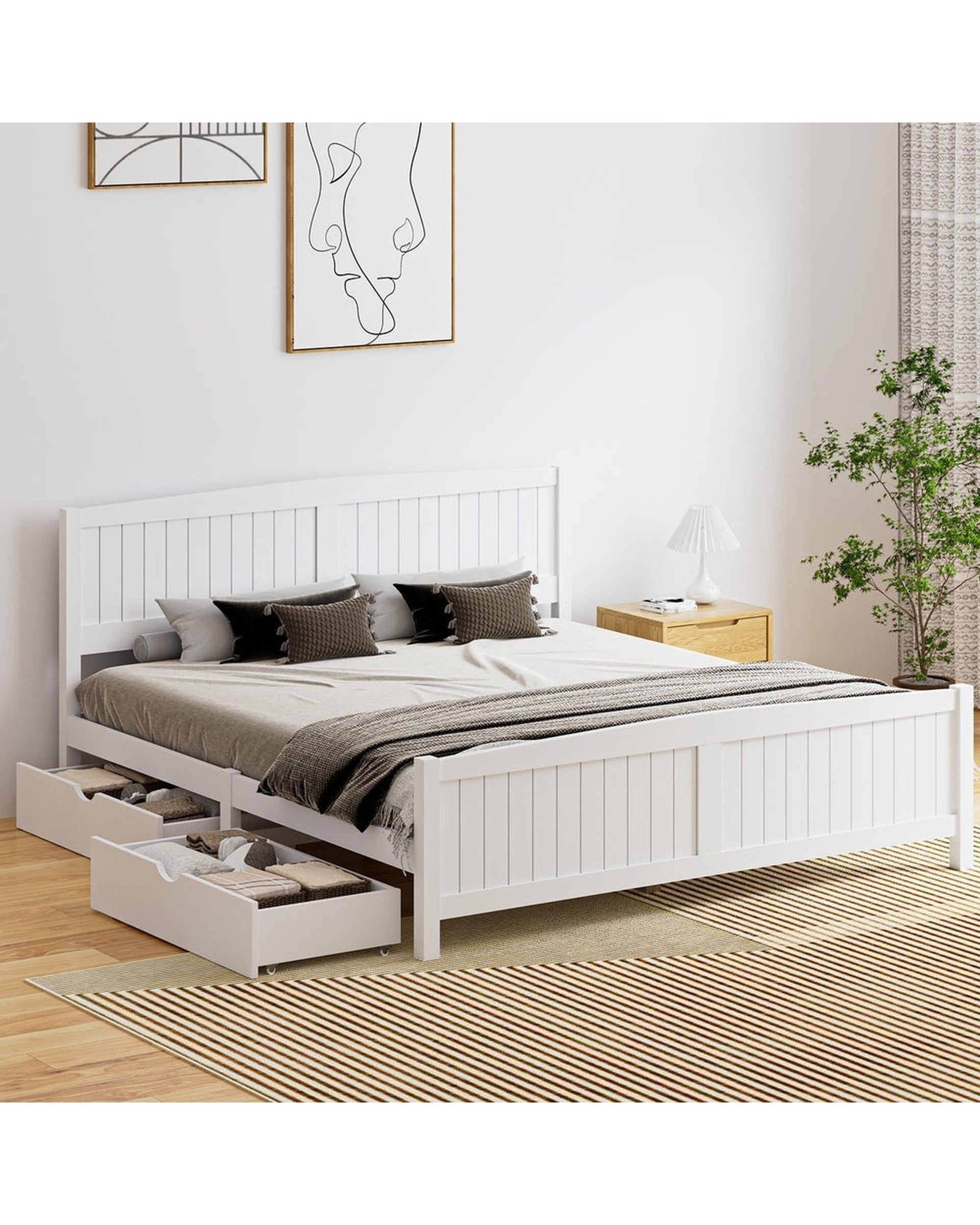 VALT Wooden Bed Frame with Trundle Drawers White Oikiture
