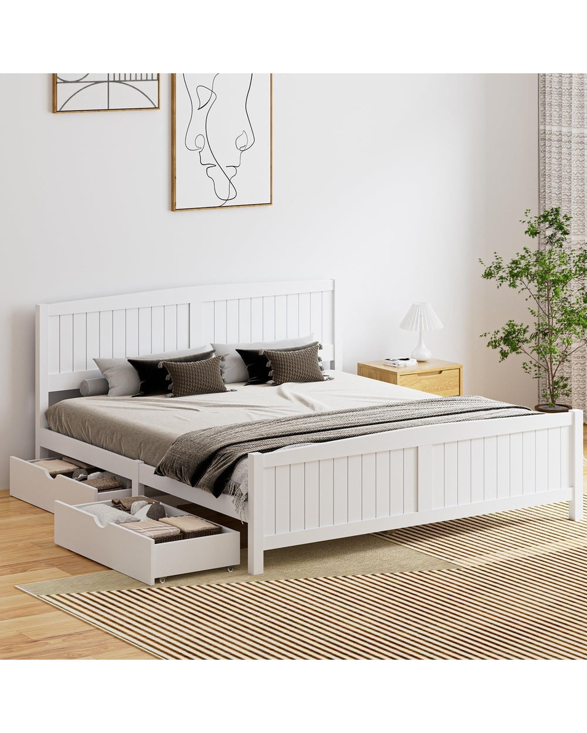 VALT Wooden Bed Frame with Trundle Drawers White Oikiture