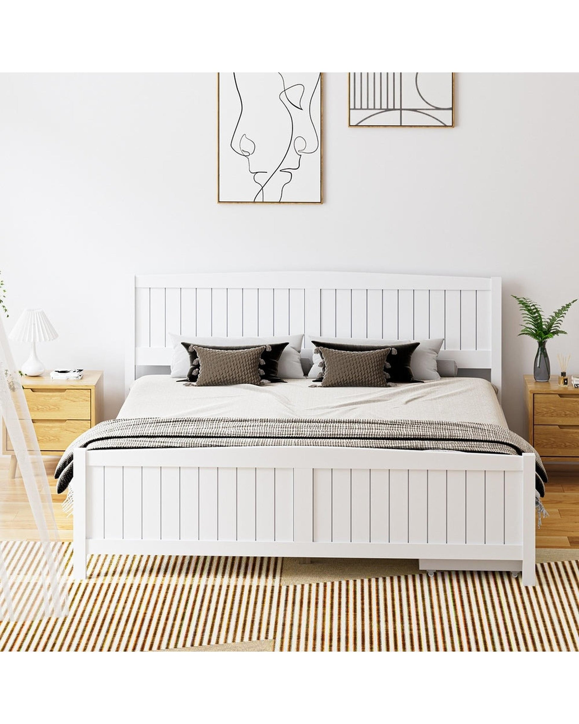 VALT Wooden Bed Frame with Trundle Drawers White Oikiture