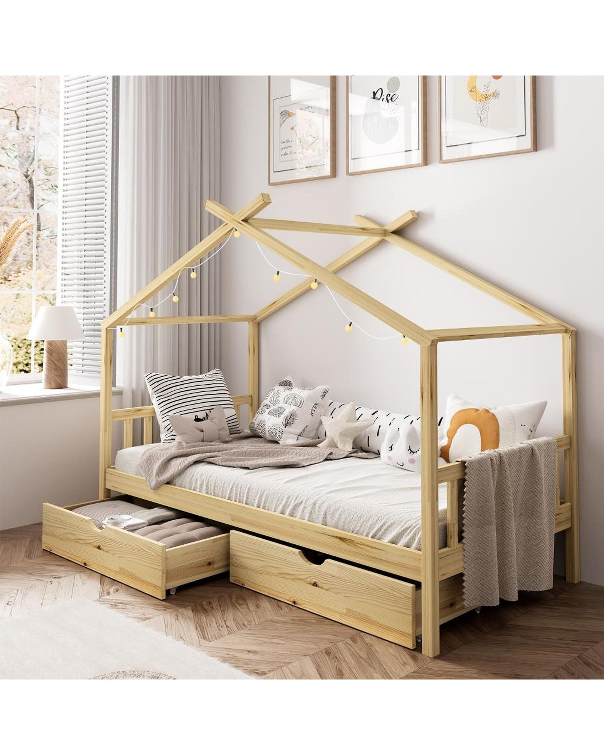 SUNBURY Bed Frame Wooden Kids Timber House Beds - Single - WITH DRAWS Oikiture