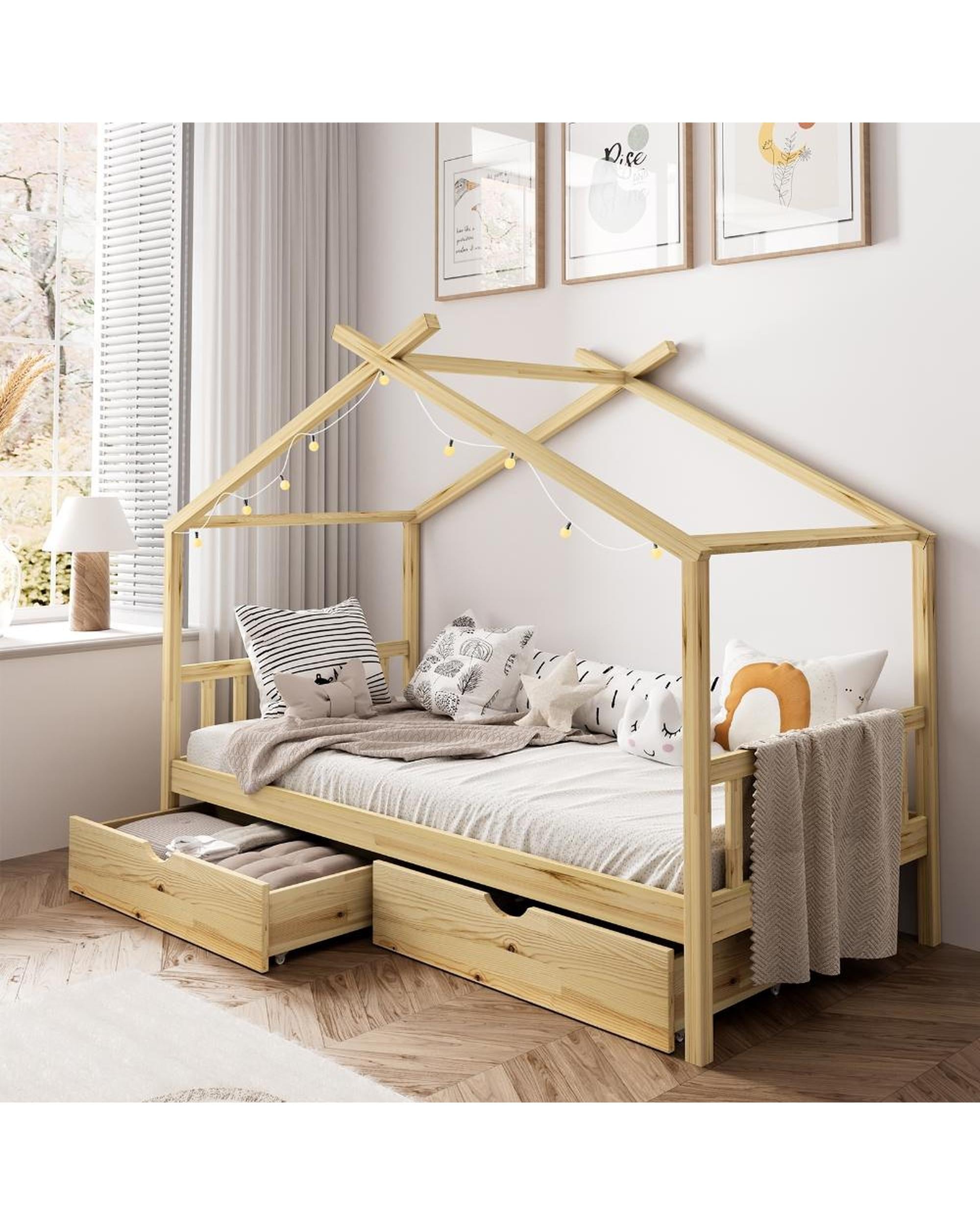 SUNBURY Bed Frame Wooden Kids Timber House Beds - Single - WITH DRAWS Oikiture