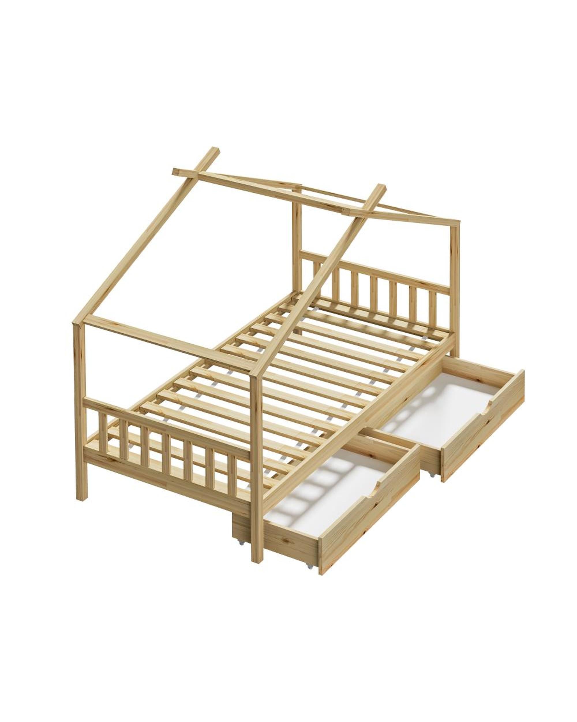 SUNBURY Bed Frame Wooden Kids Timber House Beds - Single - WITH DRAWS Oikiture