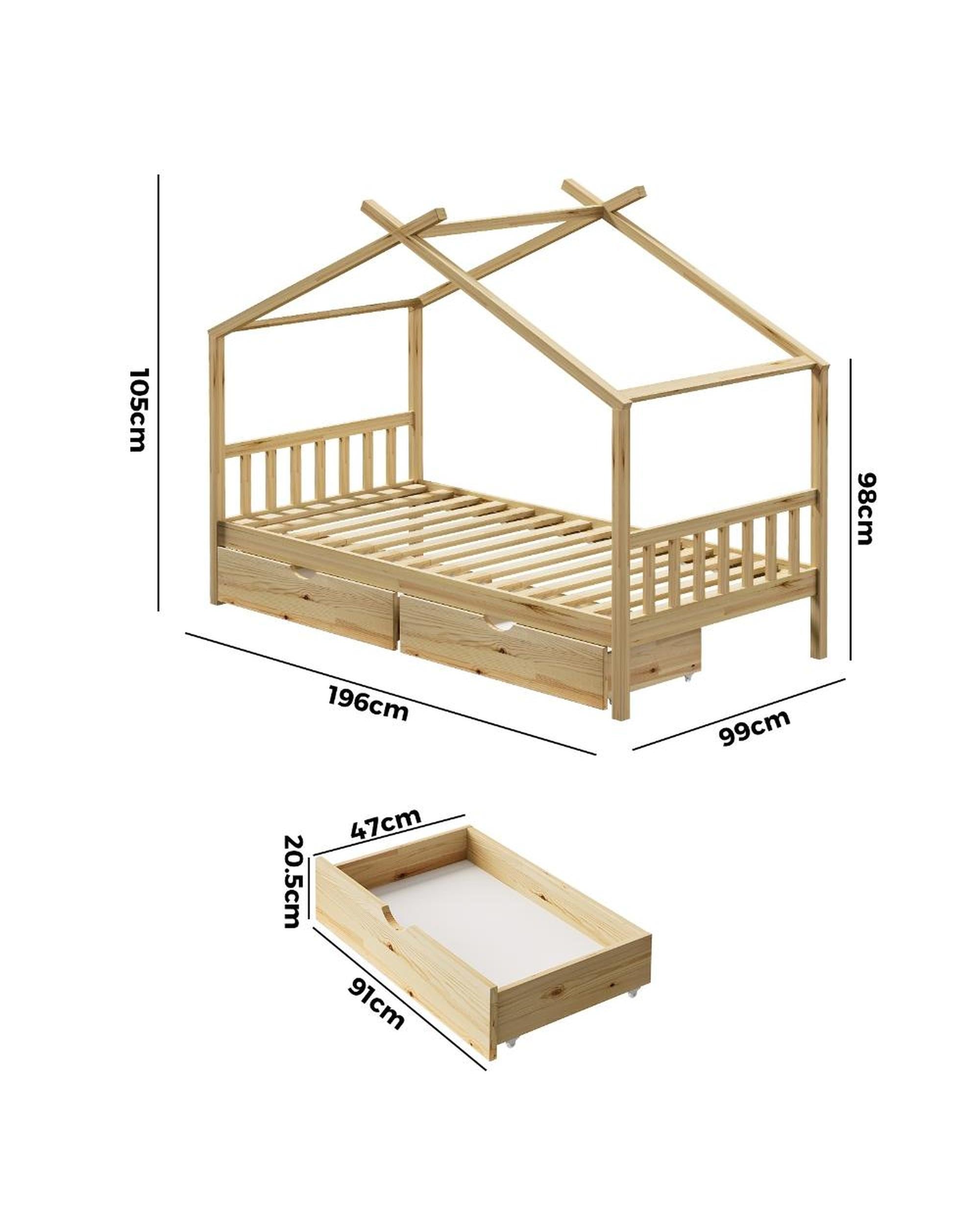 SUNBURY Bed Frame Wooden Kids Timber House Beds - Single - WITH DRAWS Oikiture