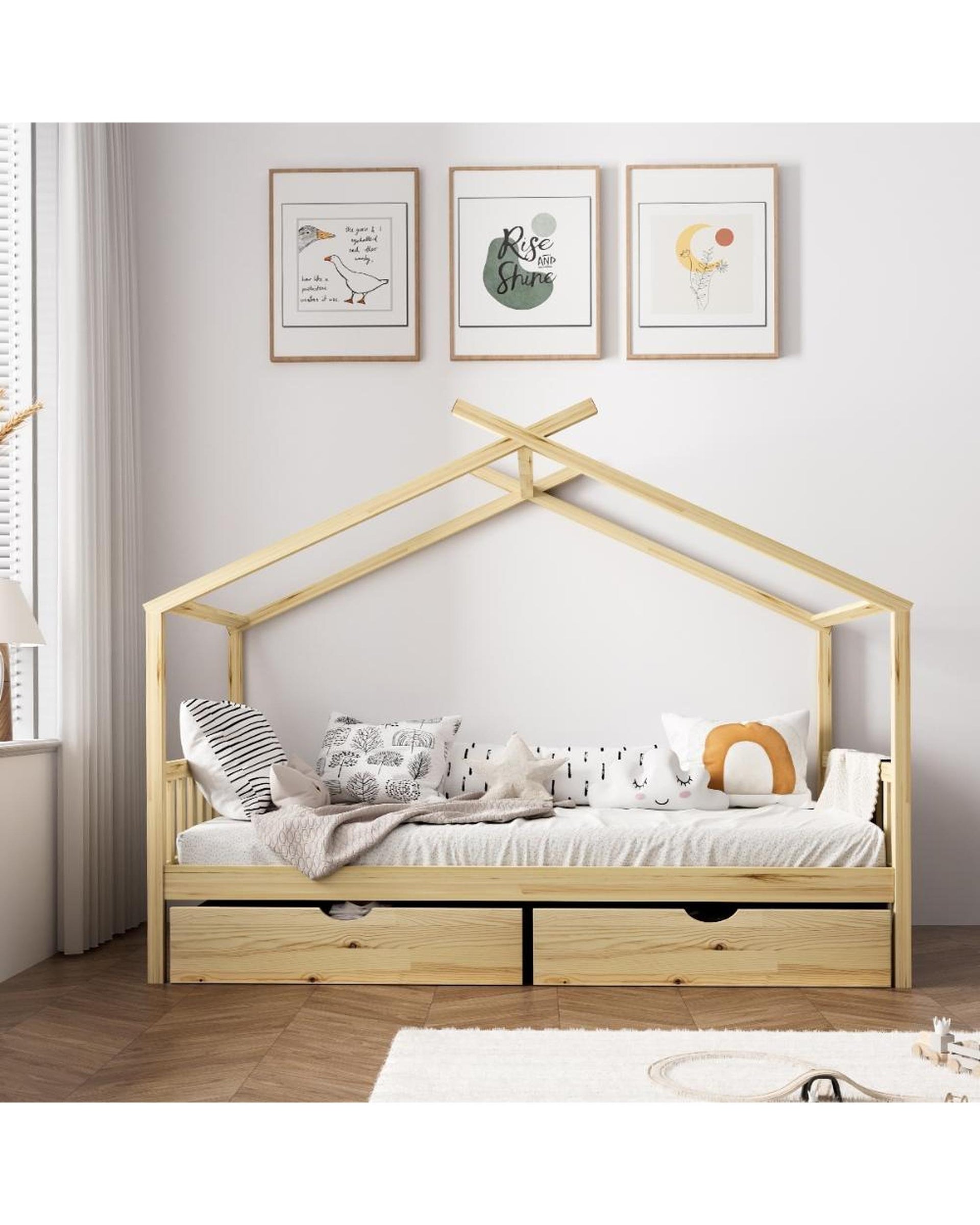 SUNBURY Bed Frame Wooden Kids Timber House Beds - Single - WITH DRAWS Oikiture