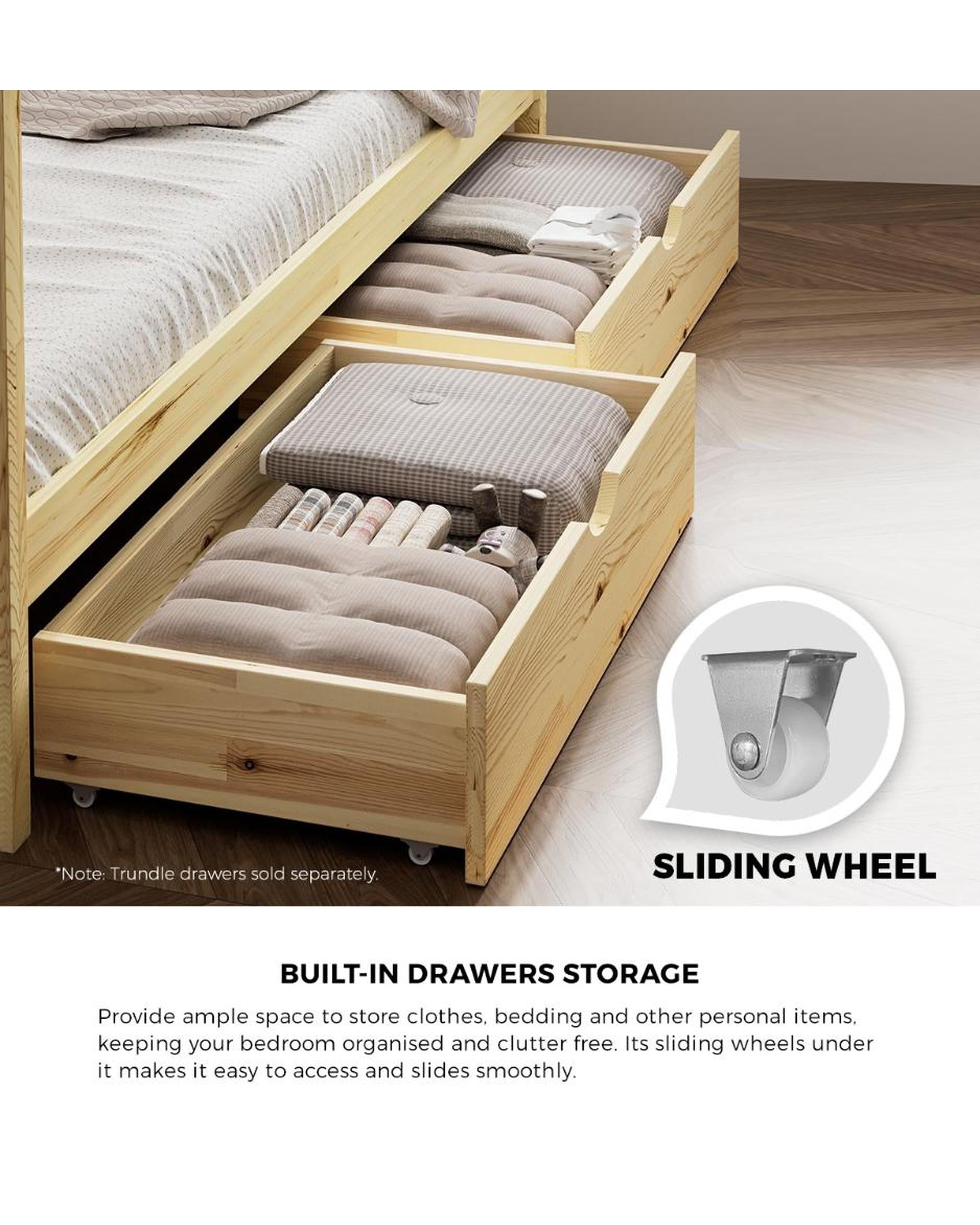 SUNBURY Bed Frame Wooden Kids Timber House Beds - Single - WITH DRAWS Oikiture