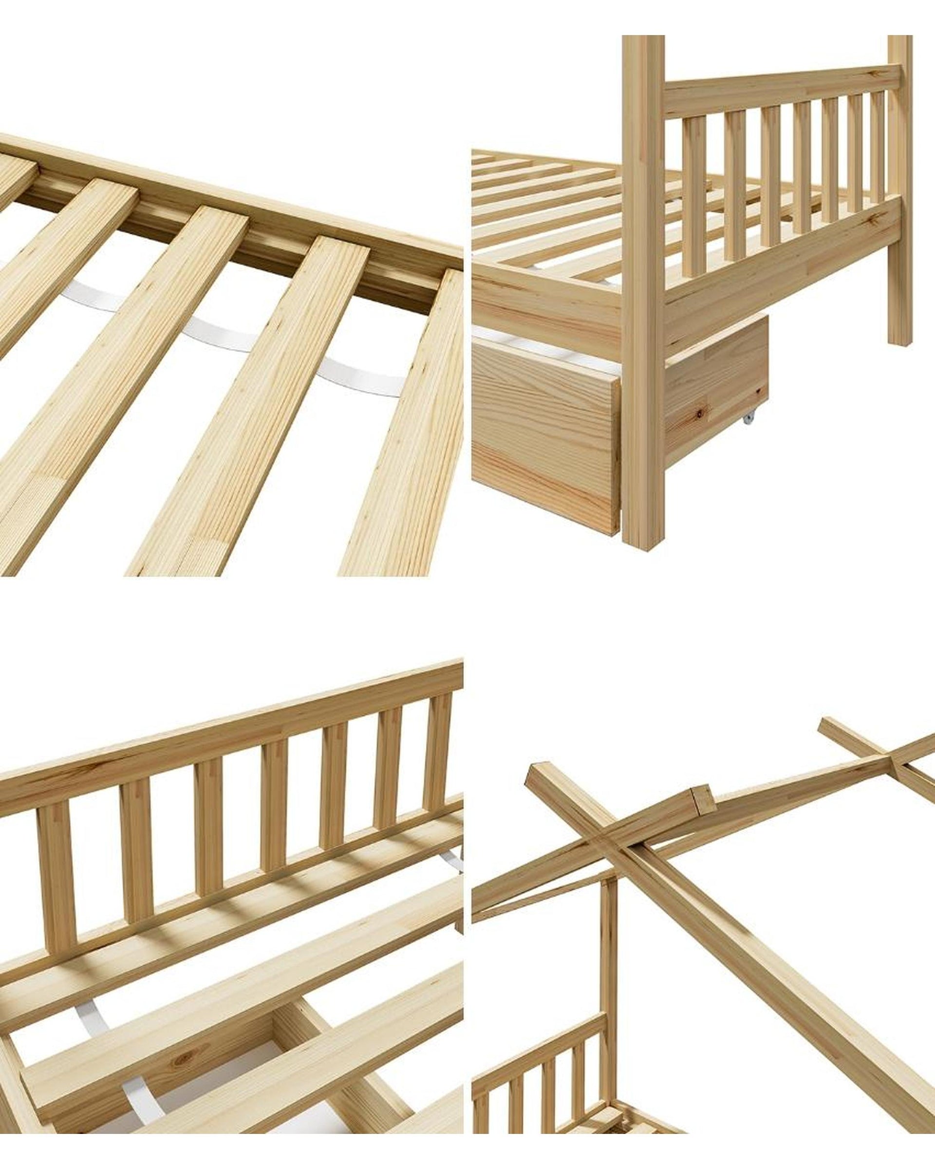 SUNBURY Bed Frame Wooden Kids Timber House Beds - Single - WITH DRAWS Oikiture