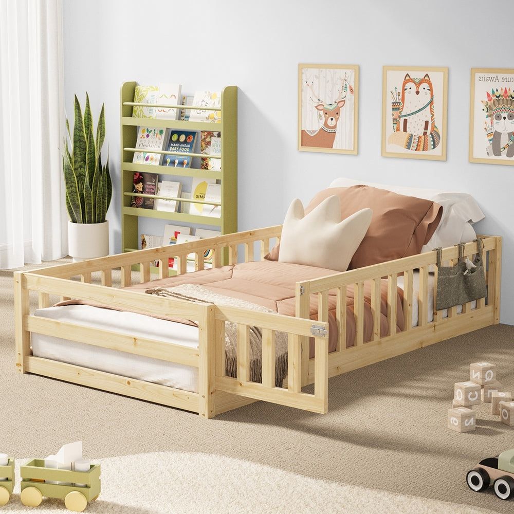 Oikiture Kids Bed Frame Single Beds Timber Wood Gate Guard Natural Oikiture