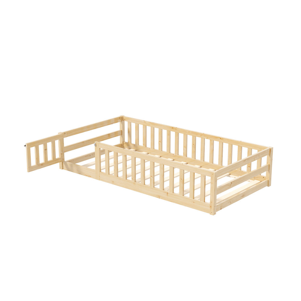 Oikiture Kids Bed Frame Single Beds Timber Wood Gate Guard Natural Oikiture