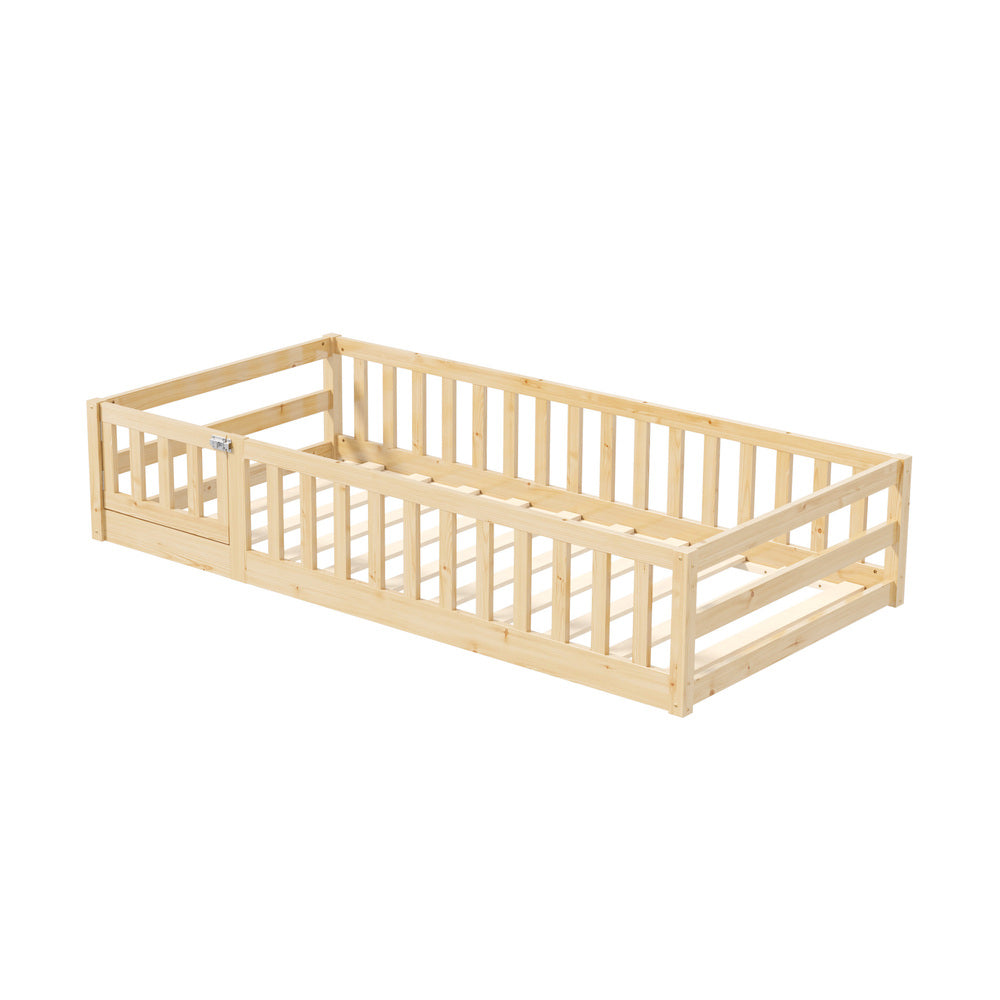 Oikiture Kids Bed Frame Single Beds Timber Wood Gate Guard Natural Oikiture