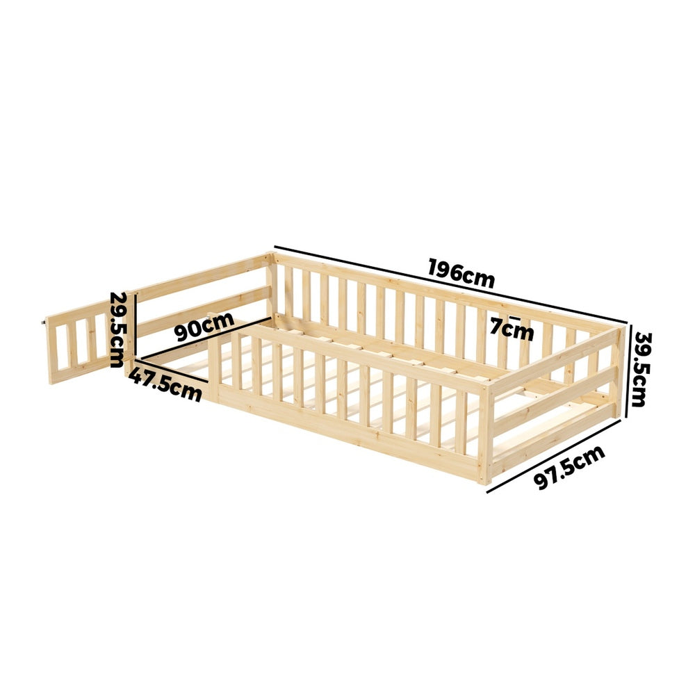 Oikiture Kids Bed Frame Single Beds Timber Wood Gate Guard Natural Oikiture