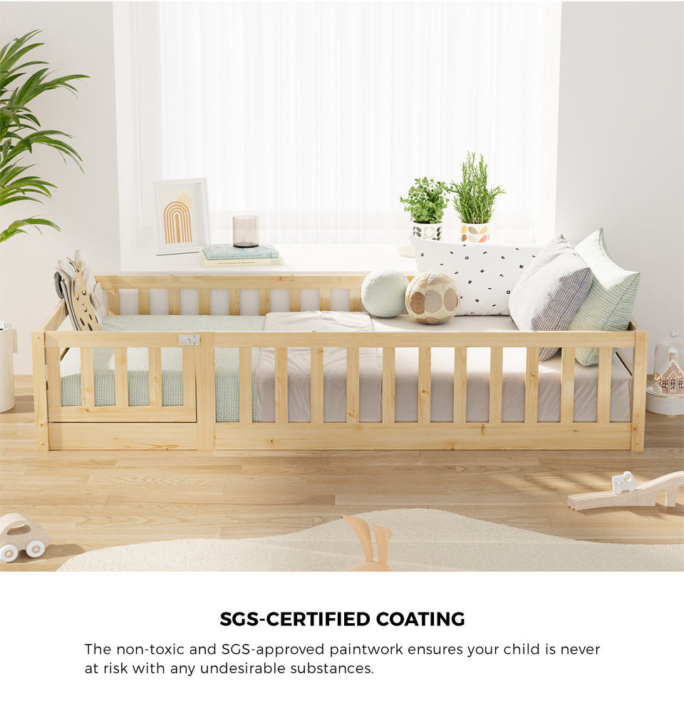 Oikiture Kids Bed Frame Single Beds Timber Wood Gate Guard Natural Oikiture