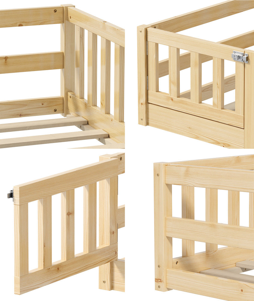 Oikiture Kids Bed Frame Single Beds Timber Wood Gate Guard Natural Oikiture