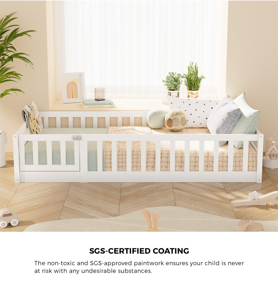 Oikiture Kids Bed Frame Single Beds Timber Wood Gate Guard White Oikiture