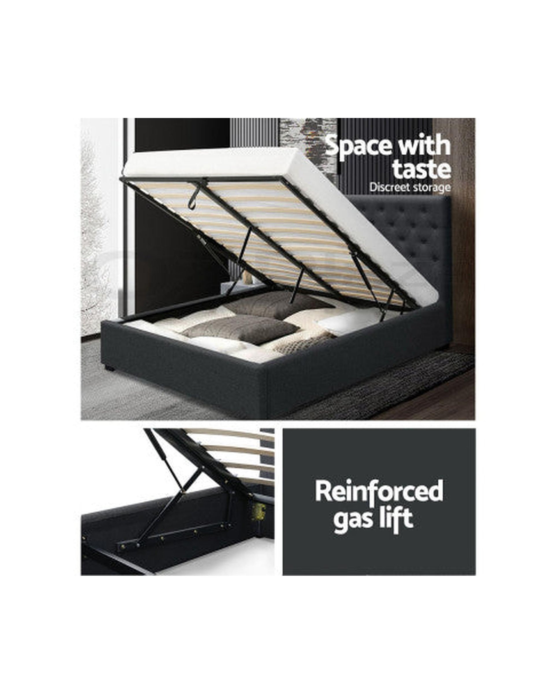 Vila Bed Frame Fabric Gas Lift Storage - Charcoal Artiss