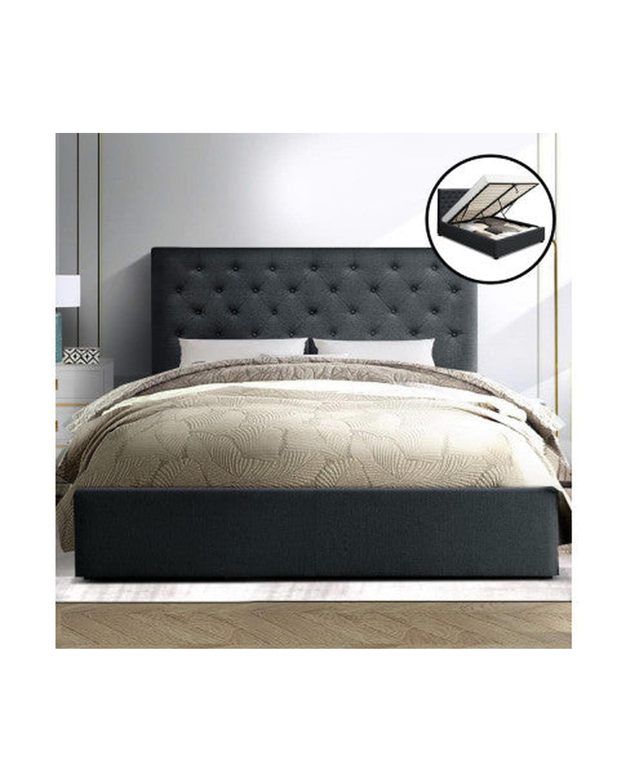 Vila Bed Frame Fabric Gas Lift Storage - Charcoal Artiss