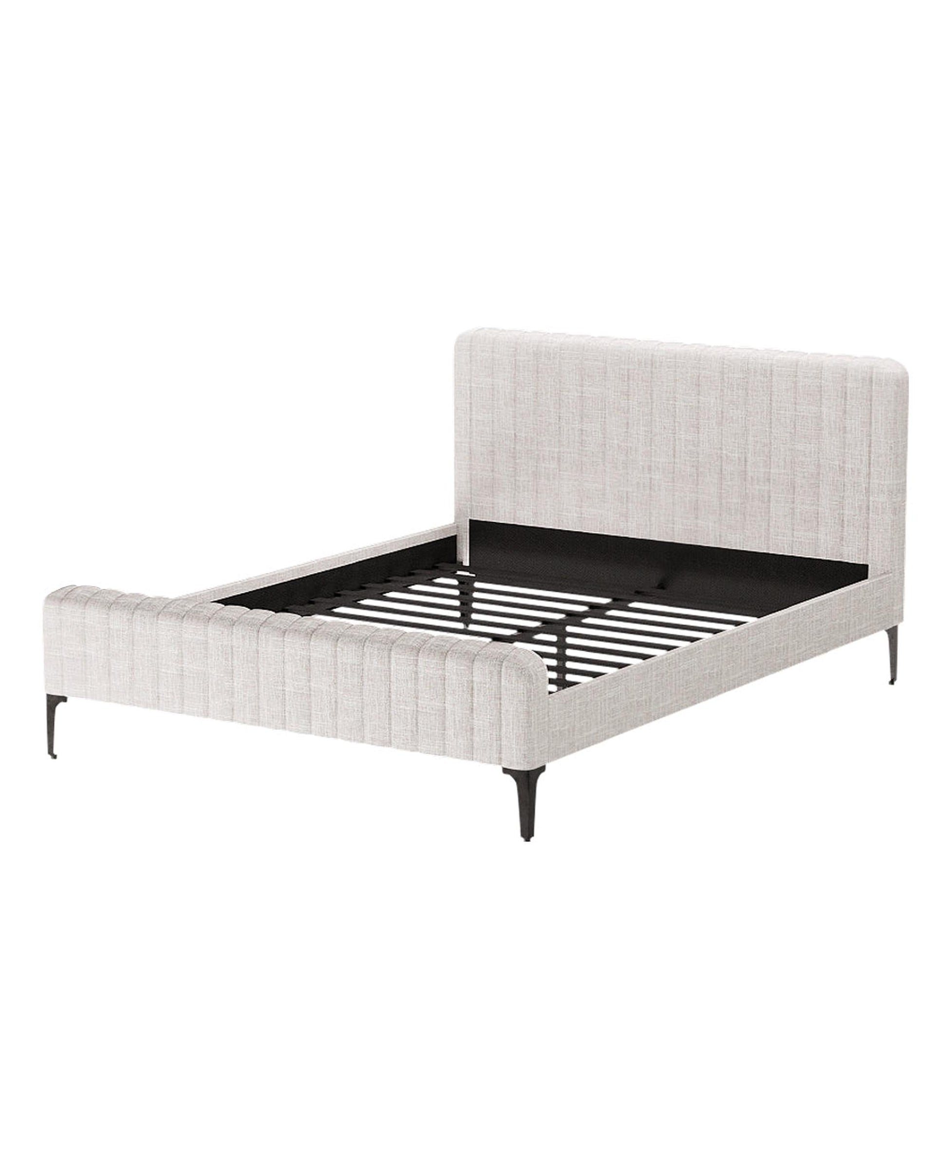Bed Frame Queen Bed Base w Headboard Beige Fabric Wooden Slats Metal Legs Artiss
