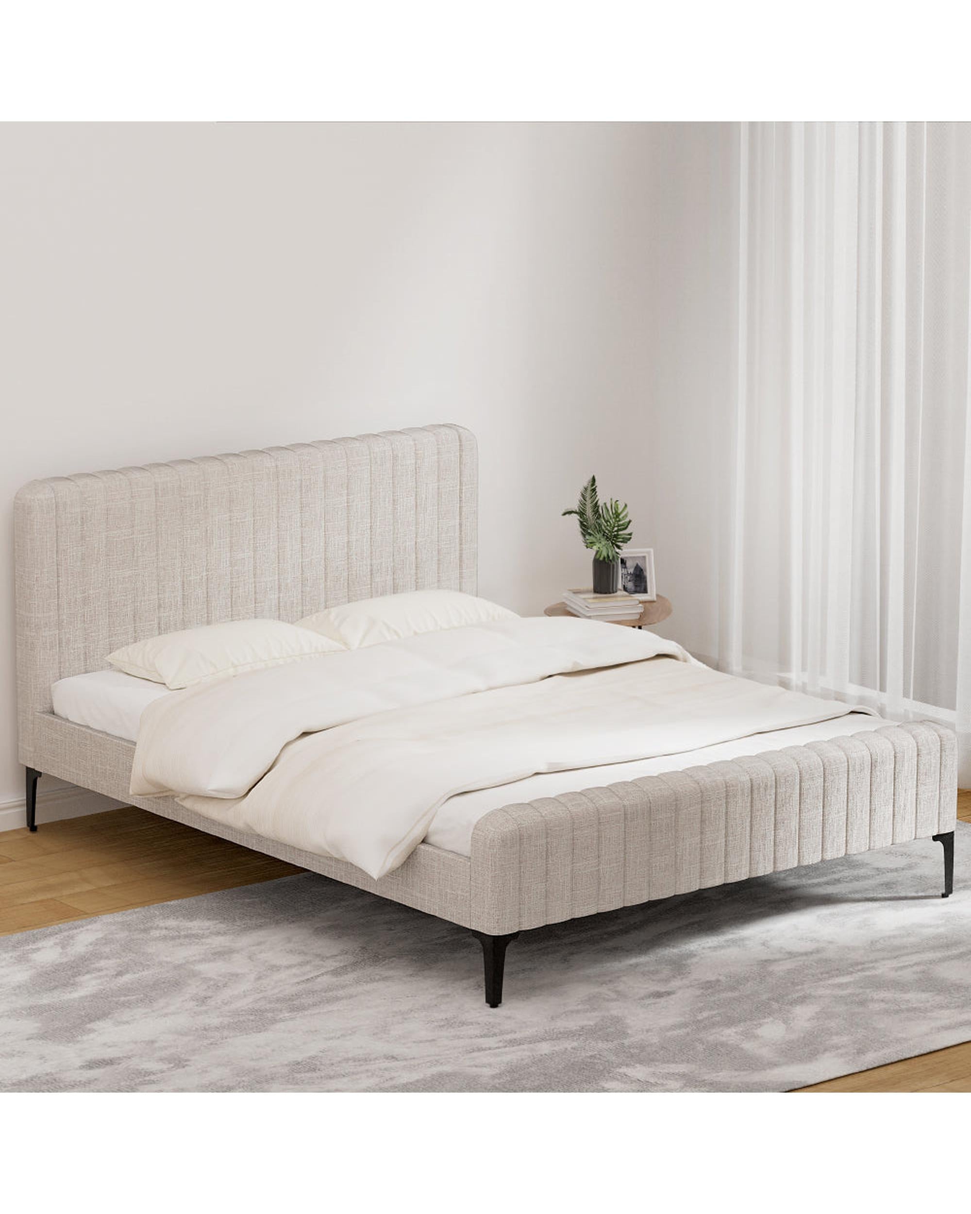 Bed Frame Queen Bed Base w Headboard Beige Fabric Wooden Slats Metal Legs Artiss