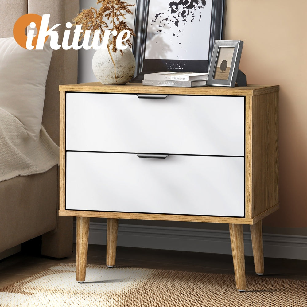 Oikiture Bedside Tables 2 Drawers Nightstand Cabinet Wood And White