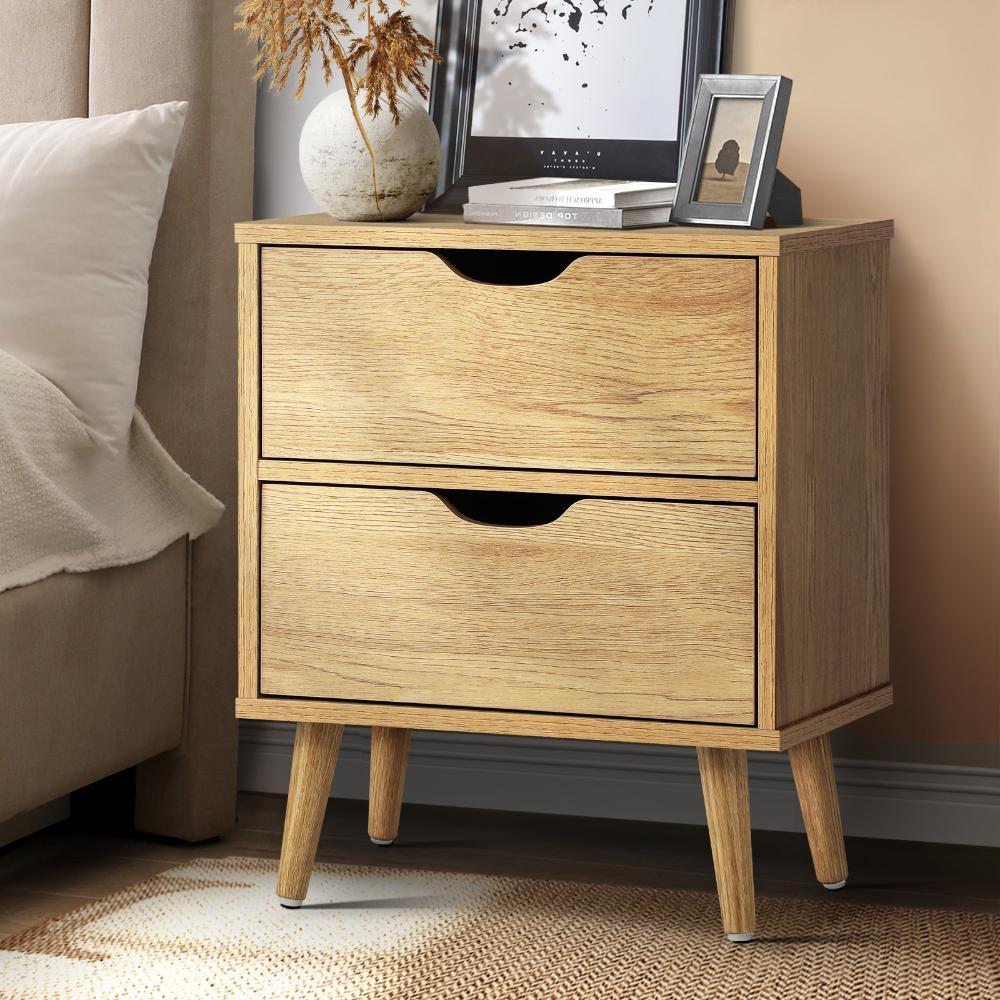 Bedside Tables 2 Drawers Side Table Nightstand Storage Cabinet Wood Oikiture