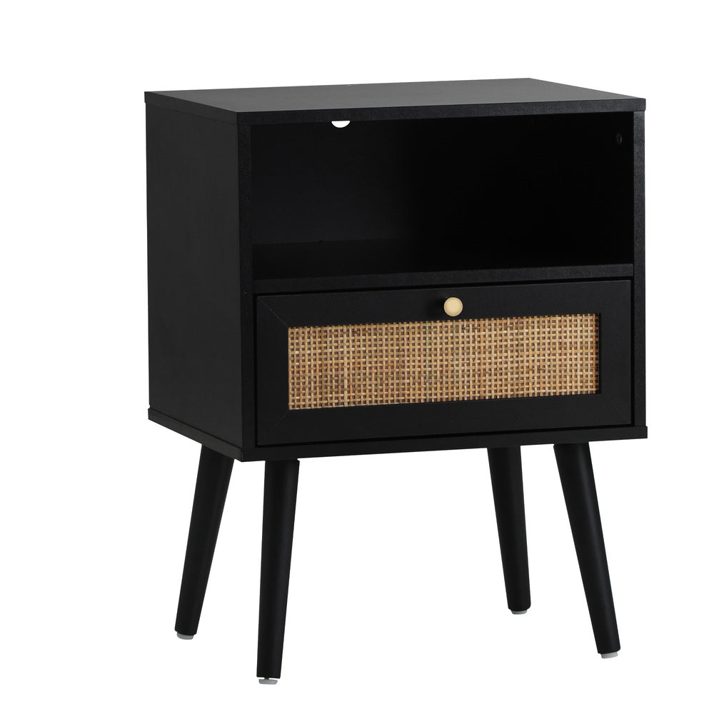 Bedside Table Storage Drawer Shelf Rattan Black Oikiture