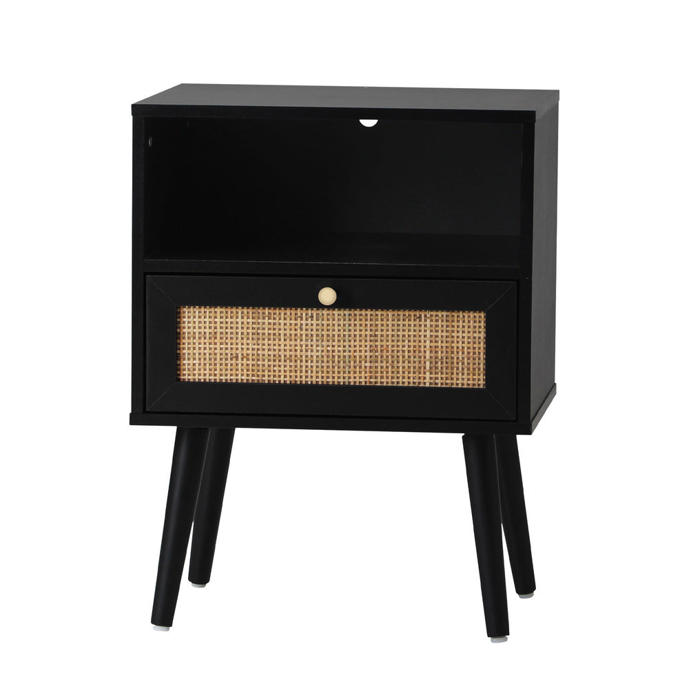 Bedside Table Storage Drawer Shelf Rattan Black Oikiture