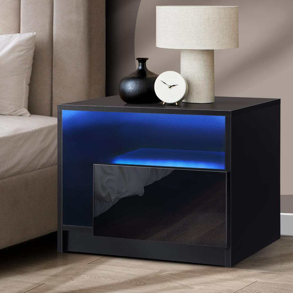Bedside Tables RGB LED Side Table Drawers High Gloss Nightstand Black Oikiture