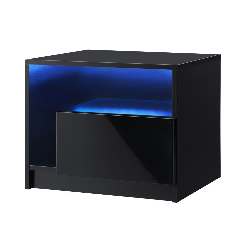 Bedside Tables RGB LED Side Table Drawers High Gloss Nightstand Black Oikiture
