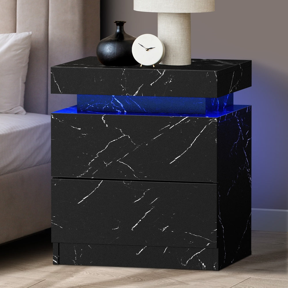 Bedside Table 2 Drawers LED Nightstand Marble Effect White