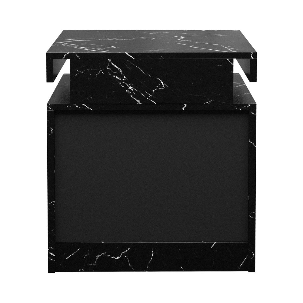 Bedside Table 2 Drawers LED Nightstand Marble Effect White
