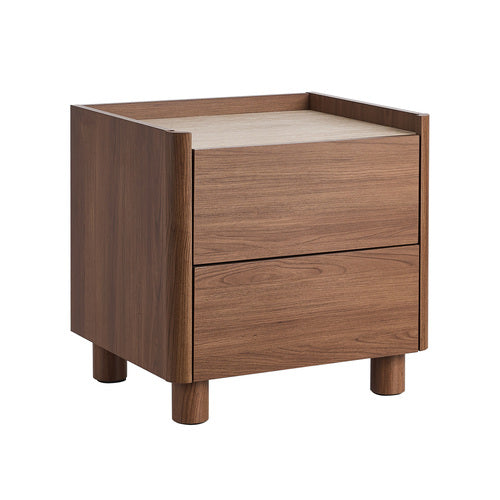 Oikiture Bedside Table 2 Drawer Nightstand Handle-Free Storage Walnut