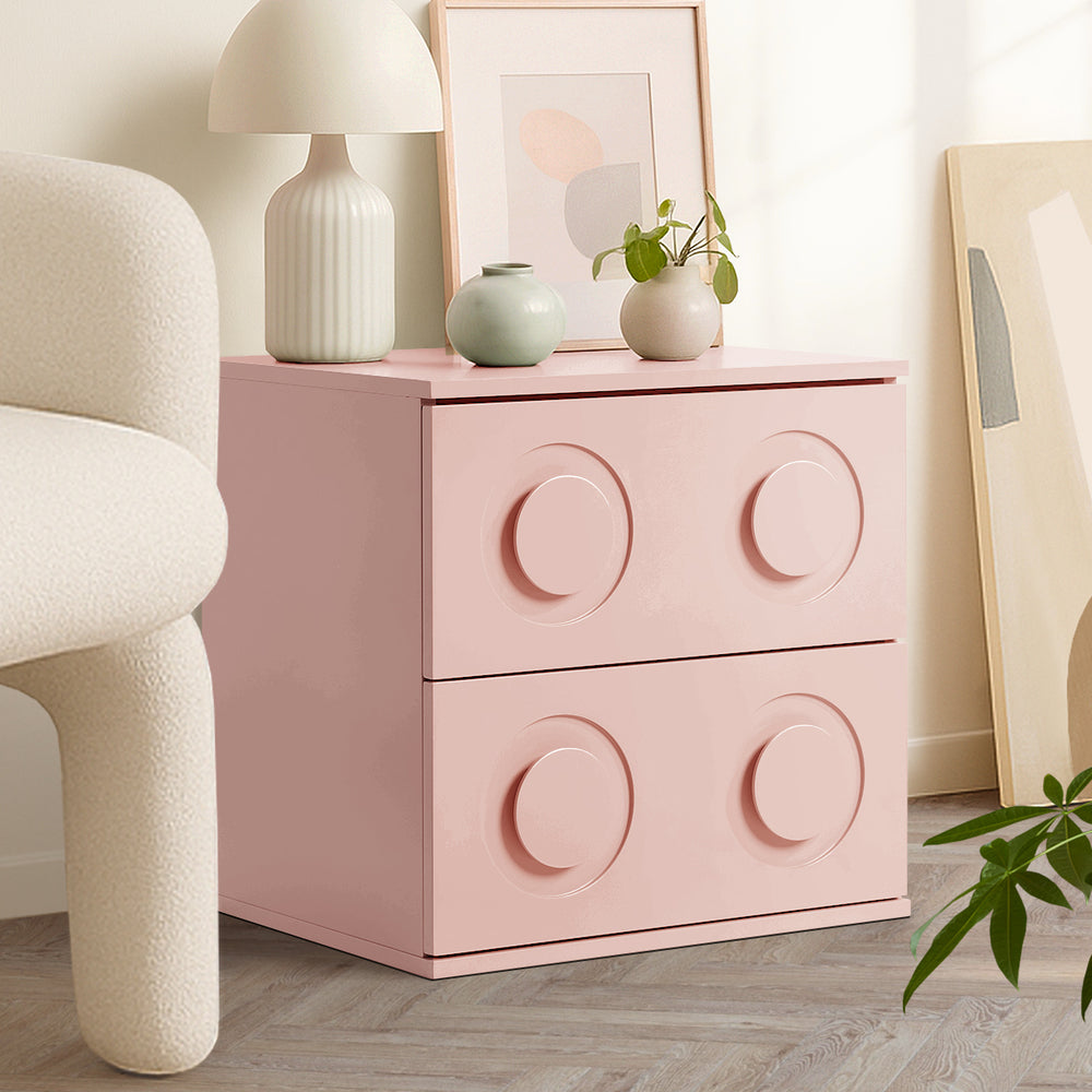Oikiture Bedside Table 2 Drawers Nightstand Side Storage Cabinet Pink Oikiture