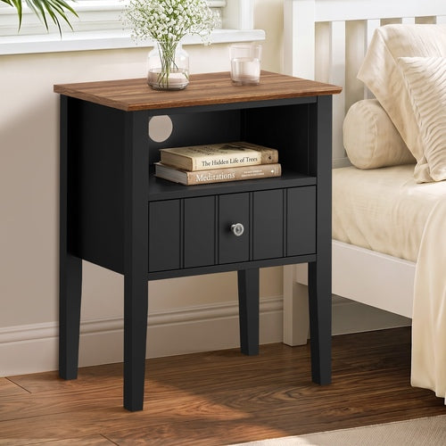 Oikiture Bedside Table 1 Drawer and Shelf Black Farmhouse Nightstand