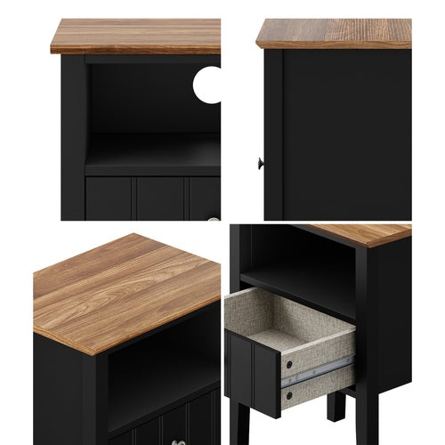 Oikiture Bedside Table 1 Drawer and Shelf Black Farmhouse Nightstand