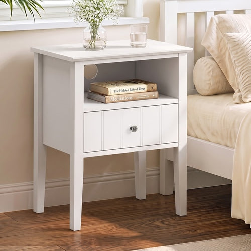 Oikiture Bedside Table 1 Drawer and Shelf White Farmhouse Nightstand