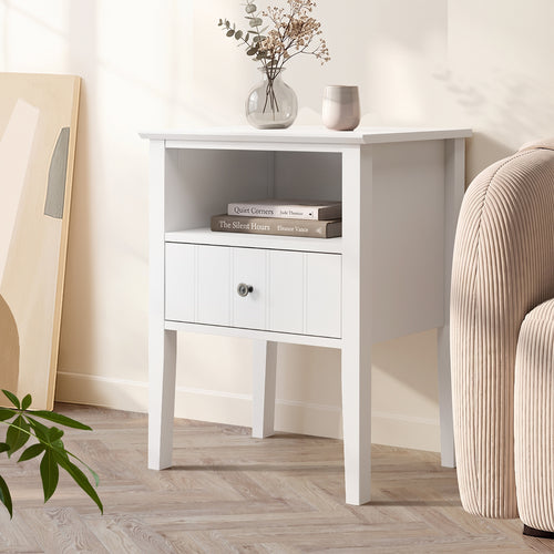 Oikiture Bedside Table 1 Drawer and Shelf White Farmhouse Nightstand