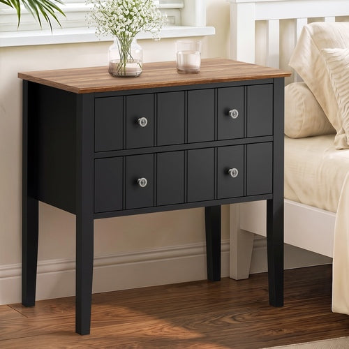 Oikiture Farmhouse Bedside Table 2 Drawer Black Nightstand Storage