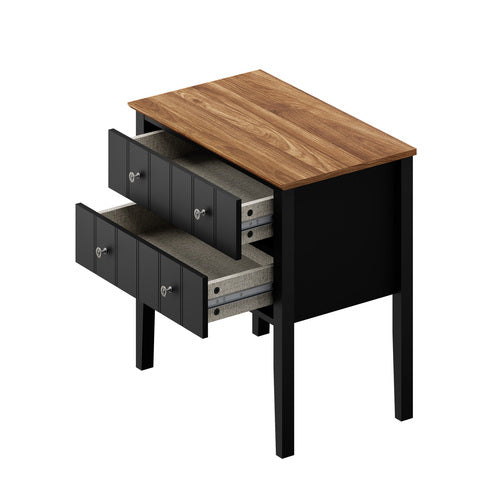 Oikiture Farmhouse Bedside Table 2 Drawer Black Nightstand Storage