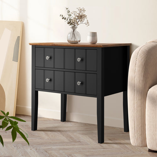 Oikiture Farmhouse Bedside Table 2 Drawer Black Nightstand Storage