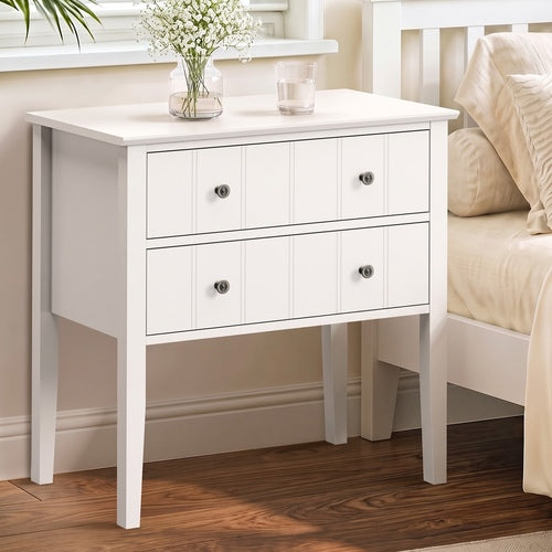 Oikiture Farmhouse Bedside Table 2 Drawer White Nightstand Storage