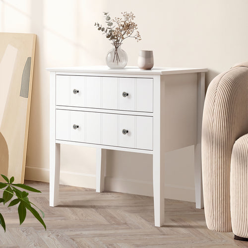 Oikiture Farmhouse Bedside Table 2 Drawer White Nightstand Storage