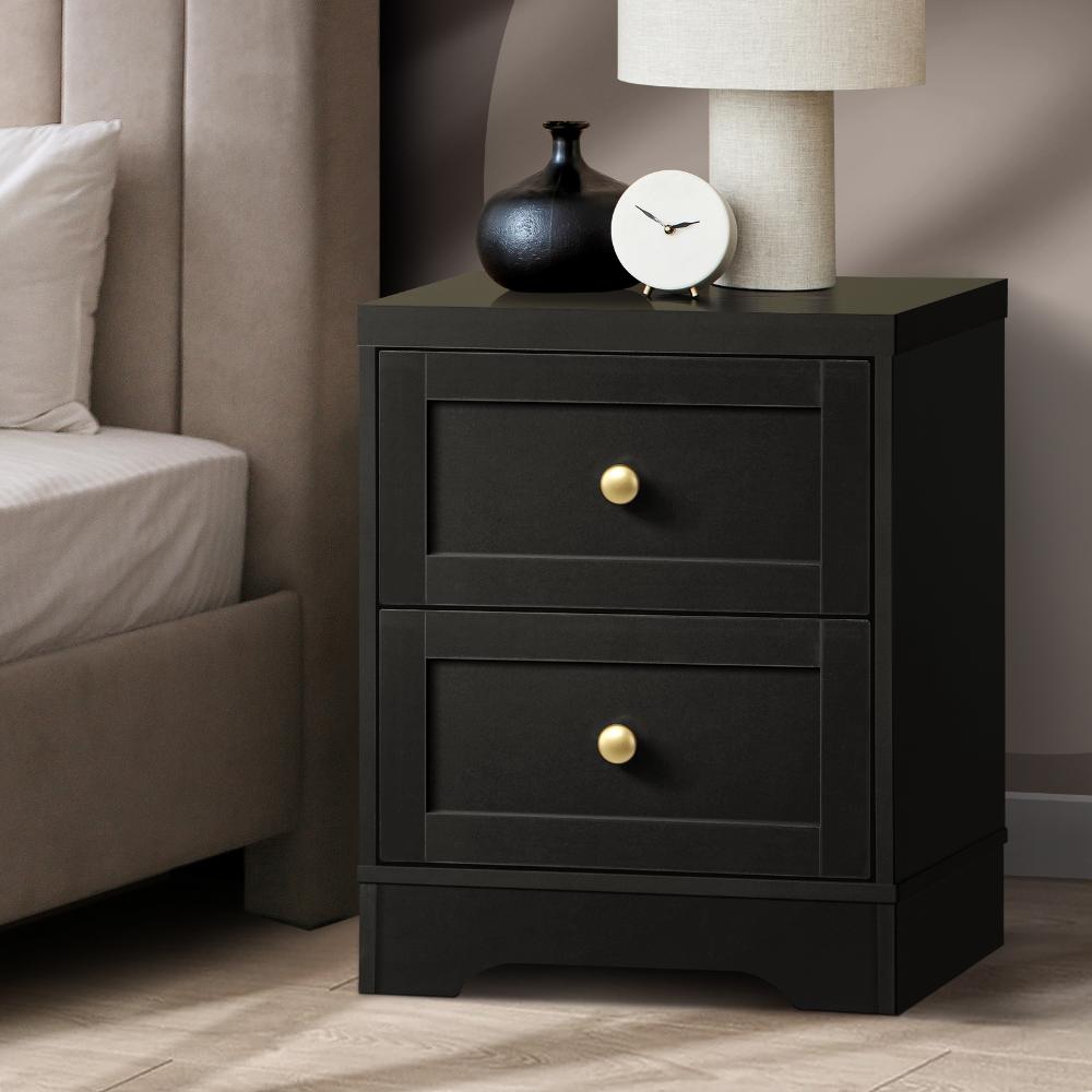 Bedside Table Wooden Nightstand with 2 Drawers Black Oikiture