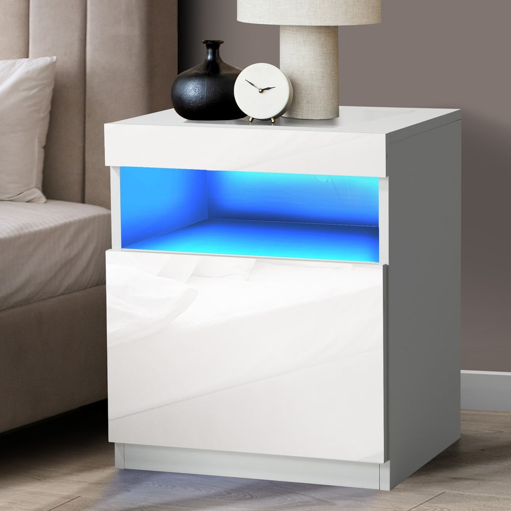 Bedside Table LED Shelf High-gloss Front White Oikiture