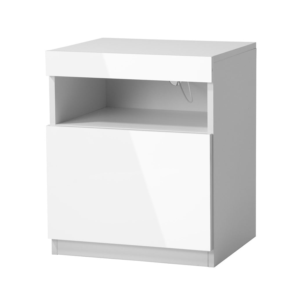 Bedside Table LED Shelf High-gloss Front White Oikiture